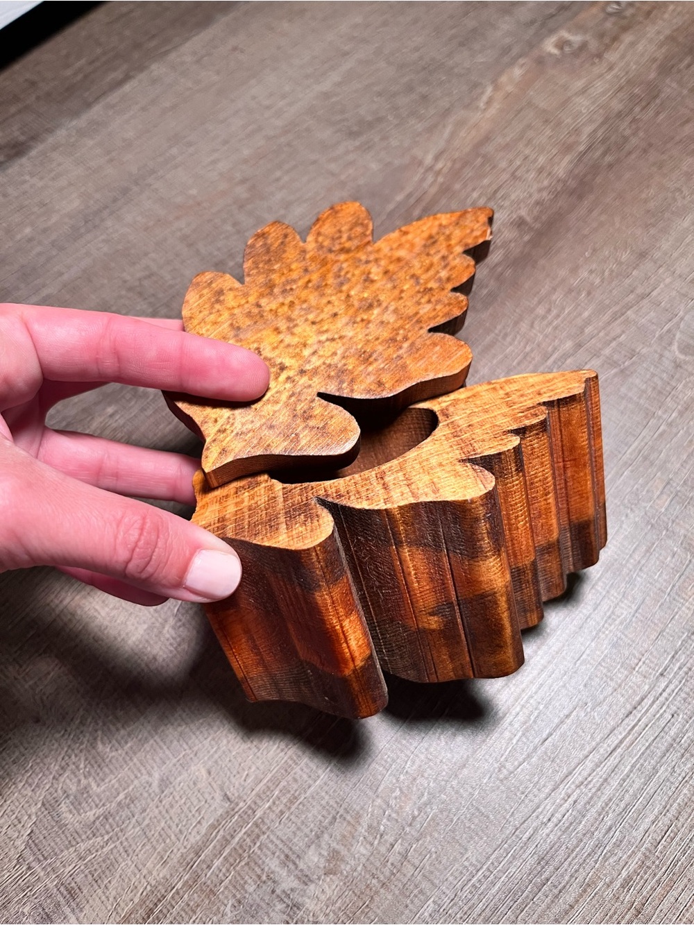 Leaf shaped wooden box felt bottom vintage handmade jewelry holder primitive